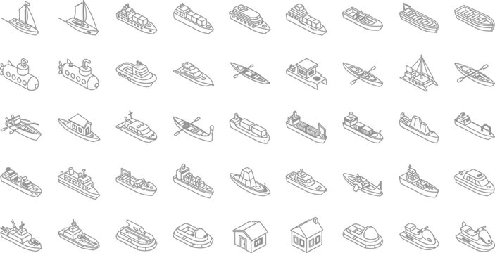 Ship and boat icons set in isometric 3d style. Sailing elements set collection vector illustration 