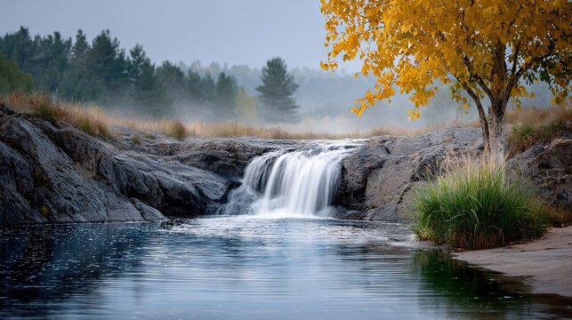   A serene pond with a majestic waterfall at its center and an enchanting tree adorned with vibrant yellow foliage in the backdrop