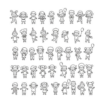 Cheerful Cartoon Children Celebrating with Balloons and Party Hats.