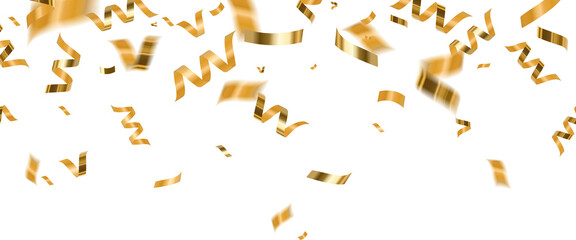 Celebration background, gold confetti border, party banner. Falling Golden Confetti and Curled Streamers