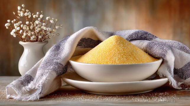   A bowl of corn on a plate with a tablecloth and a vase of baby's breath flowers in the background