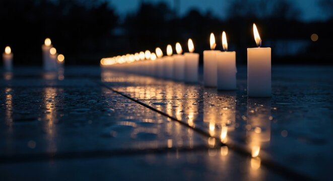 A long line of lit candles glows on a wet surface, a somber scene in the dark