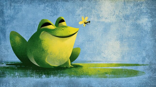   A frog perched on the ground with a bee buzzing above