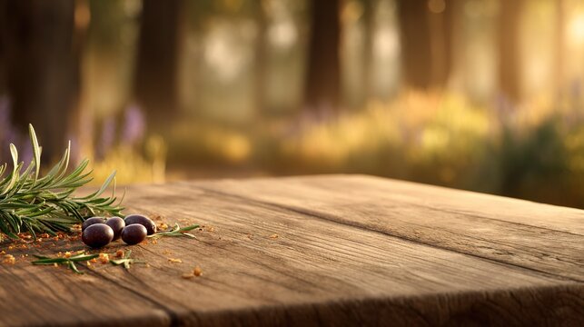   A wooden table with three olives and a sprig of rosemary on top