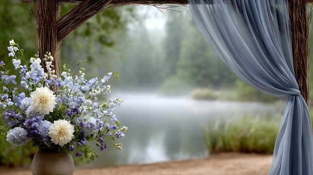   A vase brimming with blossoms sits atop a wood table beside a window adorned with blue drapes
