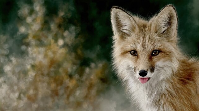   A close-up of a fox's face with a blurred background of trees and bushes