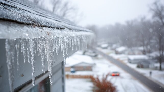 Close-up of icicles hanging from a house gutter during a winter storm with a snowy neighborhood in the background