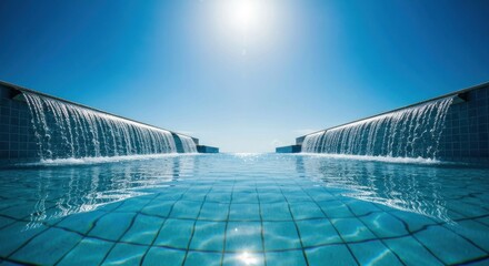 A pristine blue pool with cascading waterfalls, reflecting the bright sunny sky