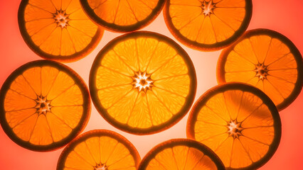 orange slices, translucent pulp texture glowing under light, arranged symmetrically on bright coral background