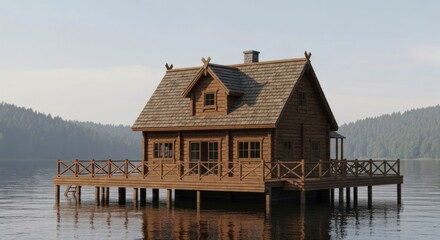 A rustic wooden cabin sits on stilts over calm water, surrounded by forested hills