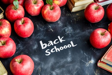 A black chalkboard displays red apples and books, setting the tone for a "back to school" theme from a bird's-eye view.