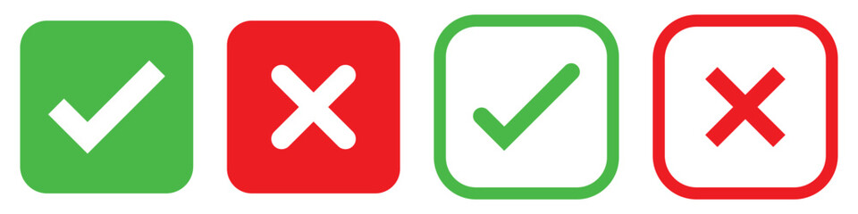 Obraz premium Set green approval check mark and red cross icons in circle and square, checklist signs, flat checkmark approval badge, isolated tick symbols