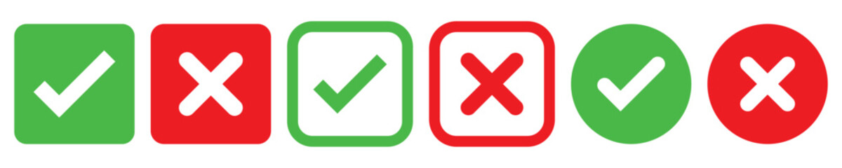 Obraz premium Set green approval check mark and red cross icons in circle and square, checklist signs, flat checkmark approval badge, isolated tick symbols