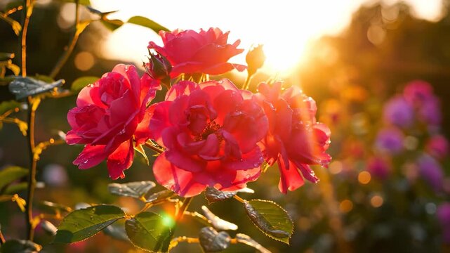 Vibrant pink roses bloom in a garden as sunlight filters through them, creating a warm atmosphere. These roses and sunlight enhance the natural beauty of the garden setting.