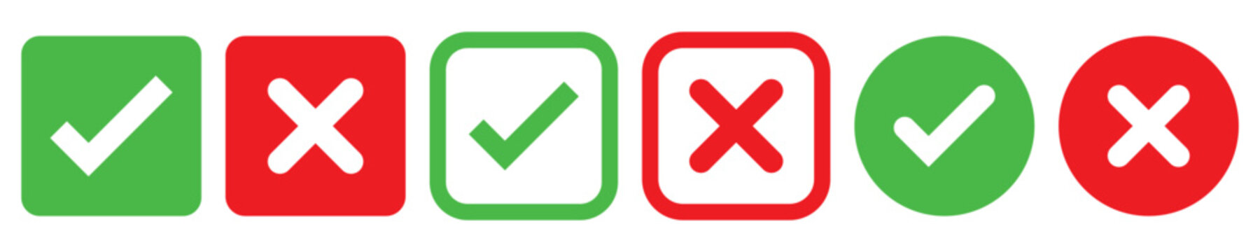 Set green approval check mark and red cross icons in circle and square, checklist signs, flat checkmark approval badge, isolated tick symbols