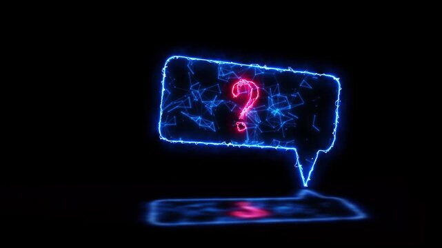 Futuristic Blue Neon Speech Bubble With Red Question Mark  Digital Inquiry, Faq, Help, And Problem Solving Concept On Dark Background, Glowing Neon Question Mark In Digital Speech Bubble  Futuristic C