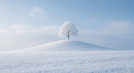 A solitary frosted tree stands atop a snow-covered hill under a pale, serene sky