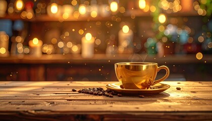 Cozy Caf&eacute; Interior with Golden Cup of Hot Coffee on Wooden Counter Under Warm Ambient Lighting