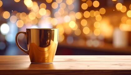 Cozy Caf&eacute; Interior with Golden Cup of Hot Coffee on Wooden Counter Under Warm Ambient Lighting