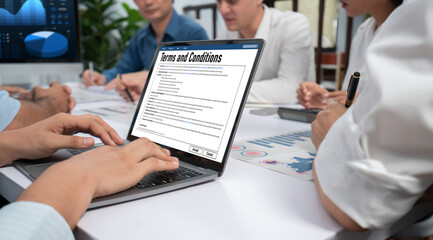 Digital legal contract provide terms and conditions document on computer screen ready for online...