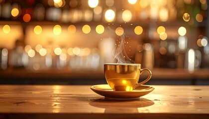 Cozy Caf&eacute; Interior with Golden Cup of Hot Coffee on Wooden Counter Under Warm Ambient Lighting