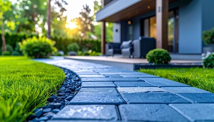 Modern Residential Exterior with Paved Walkway, Manicured Landscaping, and Contemporary House in Warm Sunlight