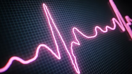 Digital display screen showing a pink heart beat pulse line graph against a dark grid backdrop