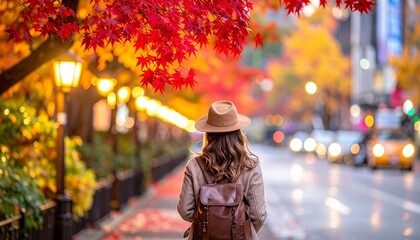 Person Walking Through Autumn Street with Red and Orange Trees Under Golden Sunlight in Scenic Village