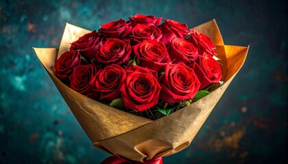 Bouquet of Red Roses Wrapped in Golden Paper with Ribbon Against Teal Background Symbolizing Love and Celebration