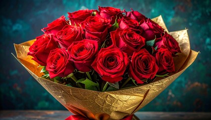 Bouquet of Red Roses Wrapped in Golden Paper with Ribbon Against Teal Background Symbolizing Love and Celebration