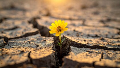 Yellow Flower Growing from Cracked Dry Earth Symbolizing Resilience, Hope, and Life in Harsh Conditions