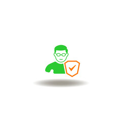 Vector illustration of man person and shield with check mark. Symbol of insurance broker.
