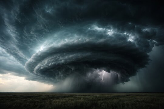 Intense supercell thunderstorm with swirling clouds and striking lightning - Powered by Adobe