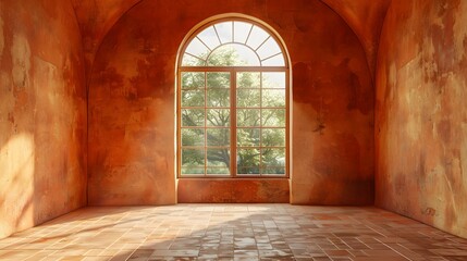 Obraz premium Empty Rustic Room with Large Arched Window and Sunlit Tree Outside