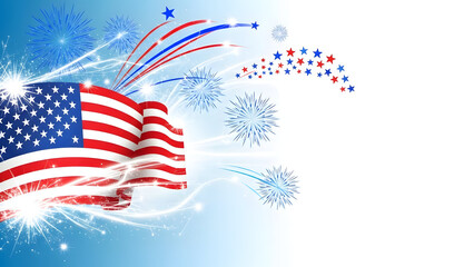 American flag waving with fireworks on a blue background with sparklers