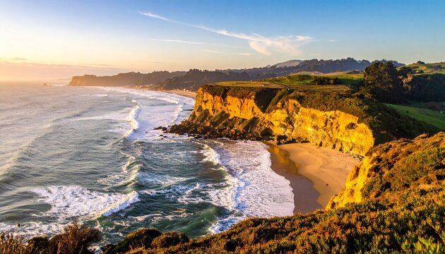 Sunset Over Coastal Landscape with Sandy Beach, Ocean Waves, and Rugged Cliffs Under Golden Sky - Powered by Adobe