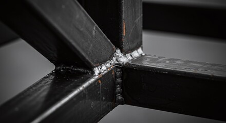 A close-up of a detailed and strong welded joint on a steel metal structure. Concept of metal fabrication and welding craftsmanship