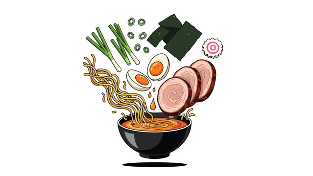 Vivid illustration of Japanese ramen components assembling. Noodles, chashu, eggs, green onions, nori, narutomaki fall into steaming bowl of tasty