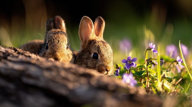   A pair of rabbits resting on green grass and purple wildflowers
