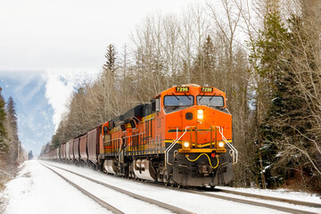 freight train in winter close to Whitefish, Montana