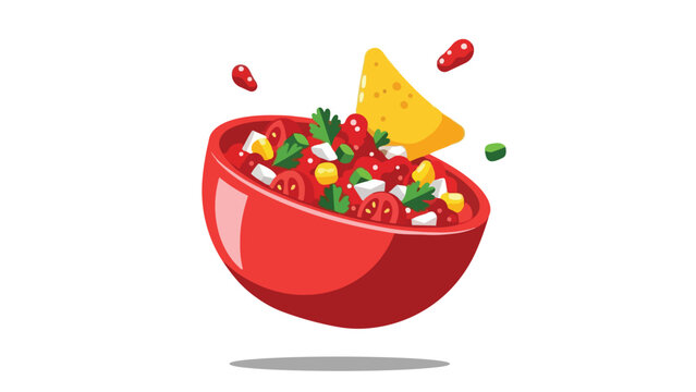 Vibrant cartoon illustration of a fresh salsa bowl with colorful ingredients and a tortilla chip