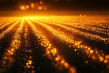 A captivating nature scene showcases a farm field at sunrise, with golden light reflecting on dew-kissed crops, marking the start of a new day.