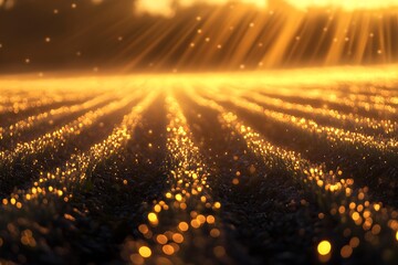 A captivating nature scene showcases a farm field at sunrise, with golden light reflecting on dew-kissed crops, marking the start of a new day.