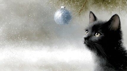   A black cat gazes at a blue ornament dangling from a pine tree amidst snow