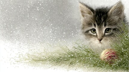  Picture of a cat with a ball in its mouth and snowflakes behind