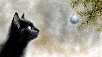  A black cat gazes upward at a Christmas ornament dangling from a pine tree against a snow-covered backdrop