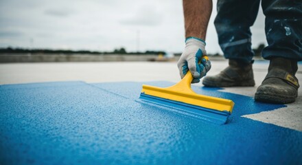 A worker in gloves and boots using a squeegee to spread blue coating on concrete