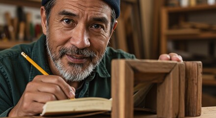 Carpenter meticulously inspecting a woodworking project, focused on ensuring a precise finish.Concept of craftsmanship and attention to detail.
