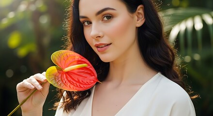 A young woman with dark wavy hair and fair skin holds a colorful flower in front of lush, green foliage. She's wearing a cream-colored top