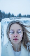 A young woman with long blonde hair, eyes closed, inside a clear ice cube-like structure, frosty makeup, and winter attire